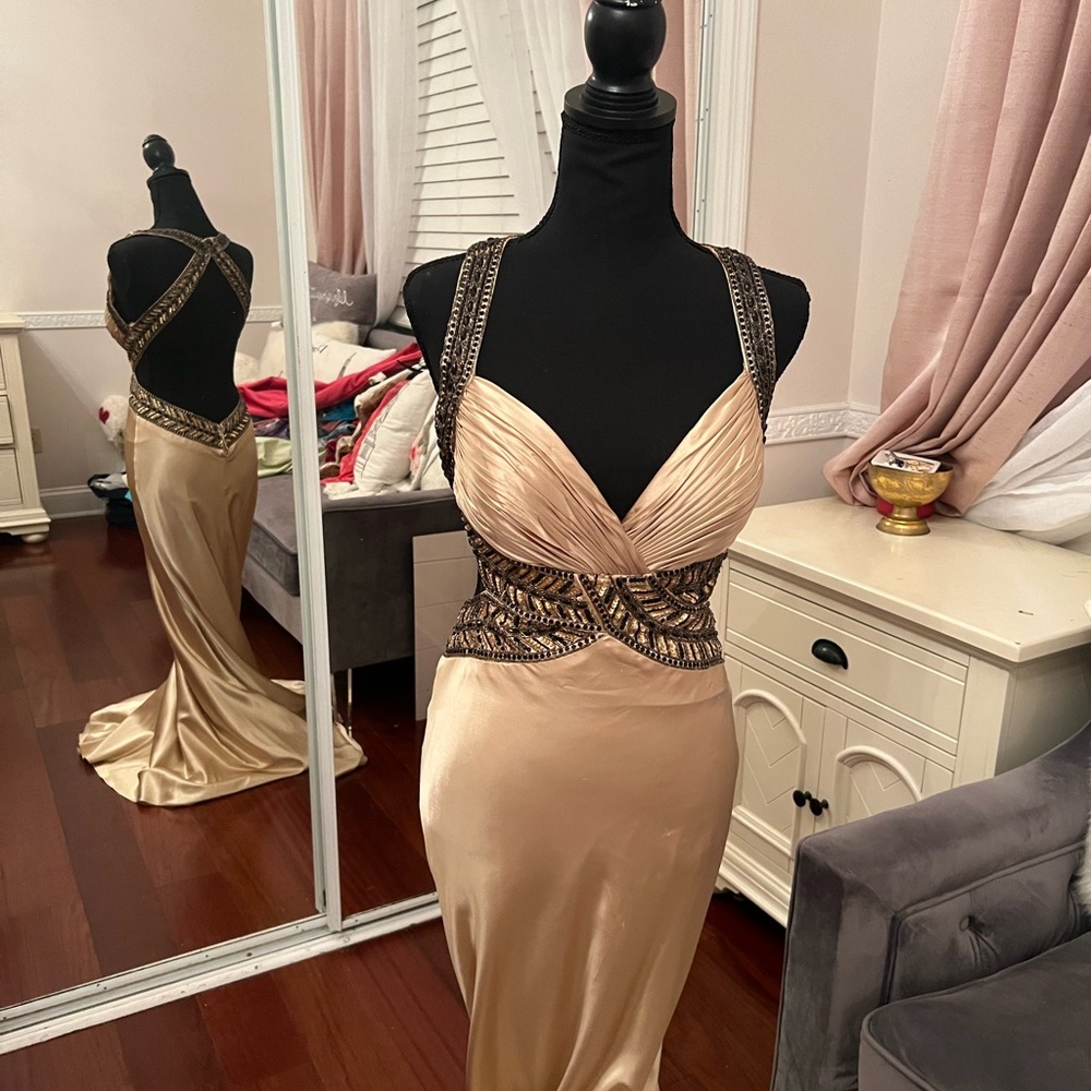 Elegant Champagne Evening Gown with Beaded Accents